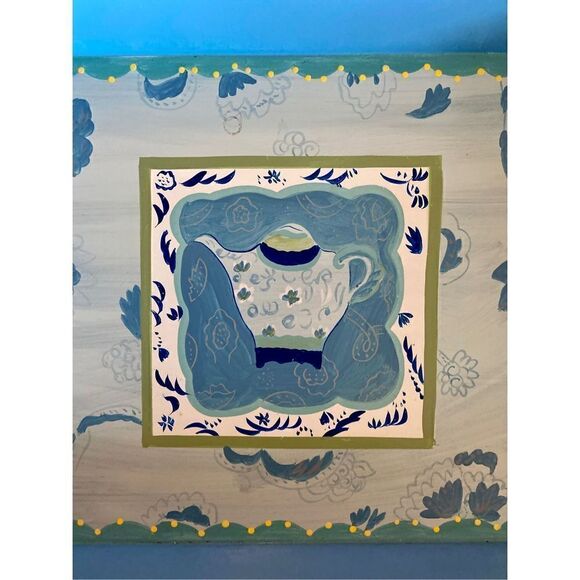 Vintage Hand Painted Wooden 10”X15” Blue Teacup Serving Tray - Picture 2 of 11